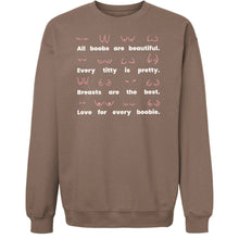 Load image into Gallery viewer, Front view of fleece fabric on the Body Positivity crew sweatshirt in coffee brown
