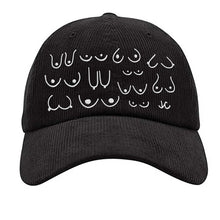 Load image into Gallery viewer, Black cotton corduroy dad cap with white design on a white background