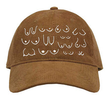 Load image into Gallery viewer, Brown cotton corduroy dad cap with white embroidered design on a white background