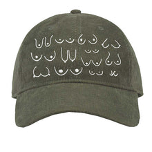 Load image into Gallery viewer, Olive green cotton corduroy dad with white embroidered design on a white background