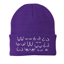Load image into Gallery viewer, Purple beanie with white patterns on a white background
