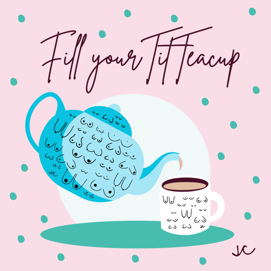 Tit Teacup pouring tea into a Titty City Design Tittea Boob Mug on a pink background