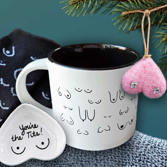 Titty City Design’s 2026 Feminist Holiday Gift Guide banner with colorful boob-themed gifts and holiday decor thumbnail