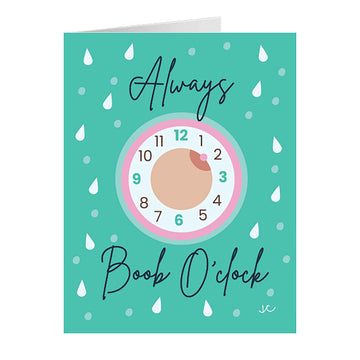 Front of green Always Boob O'Clock greeting card with image of clock and milk