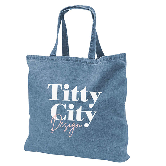 Body positive denim tote bag with inclusive illustrated design back View
