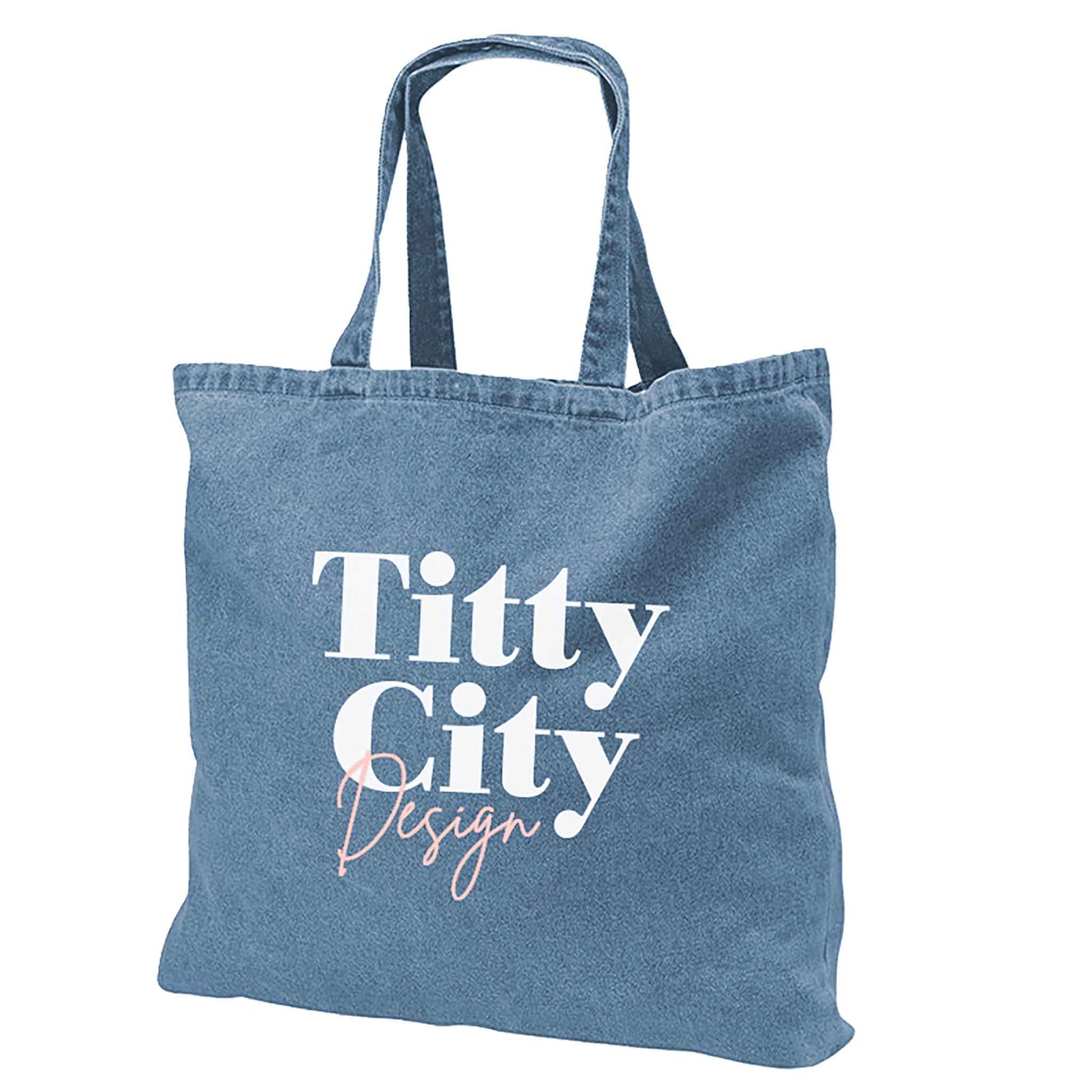 Body positive denim tote bag with inclusive illustrated design back View