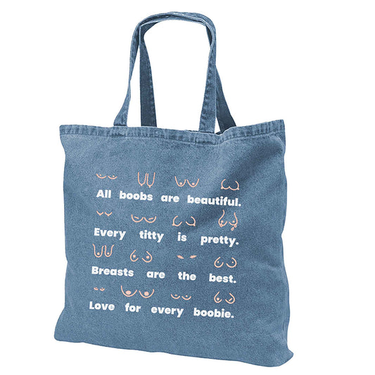 Body positive denim tote bag with inclusive illustrated design front view