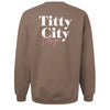Back view of fleece fabric on the Body Positivity crew sweatshirt in coffee brown