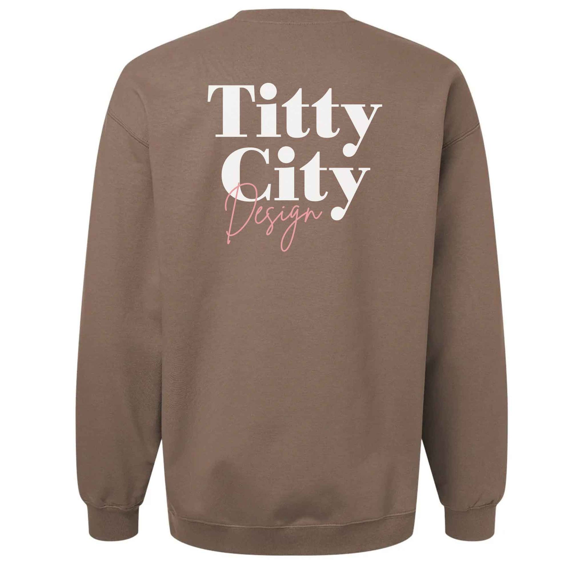 Back view of fleece fabric on the Body Positivity crew sweatshirt in coffee brown