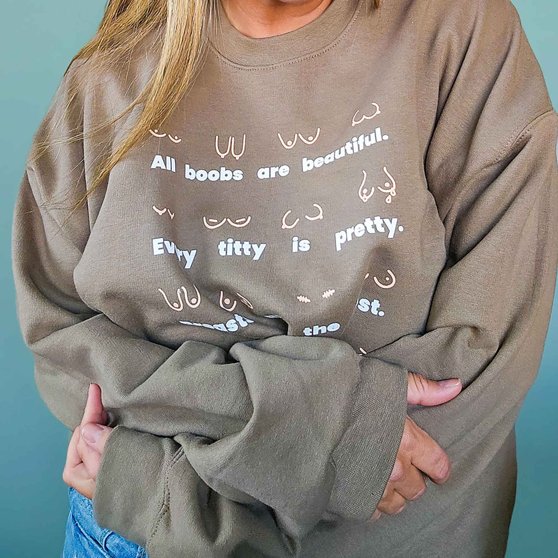 Body Positivity crew sweatshirt styled casually in coffee brown