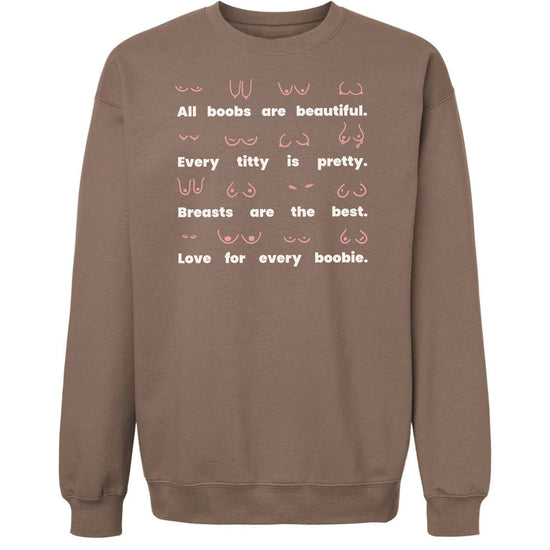 Front view of fleece fabric on the Body Positivity crew sweatshirt in coffee brown
