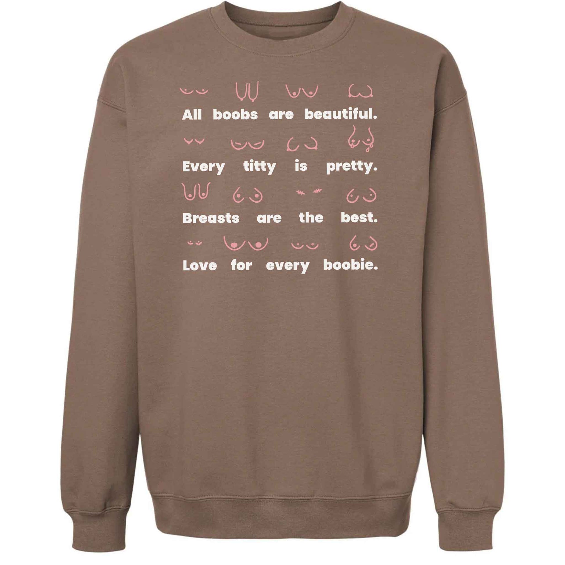 Front view of fleece fabric on the Body Positivity crew sweatshirt in coffee brown