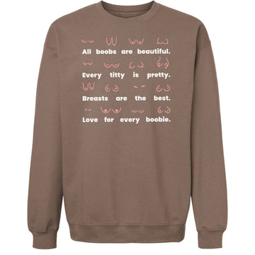 Front view of fleece fabric on the Body Positivity crew sweatshirt in coffee brown