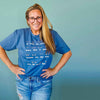 Model wearing the Body Positivity T-Shirt in blue jean, front view, styled casually with jeans showing relaxed fit