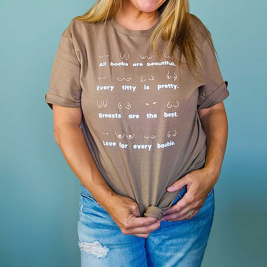 Body Positivity T-Shirt in coffee styled casually with jeans