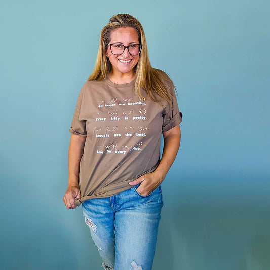 Body Positivity T-Shirt in coffee brown. model styled casually with jeans