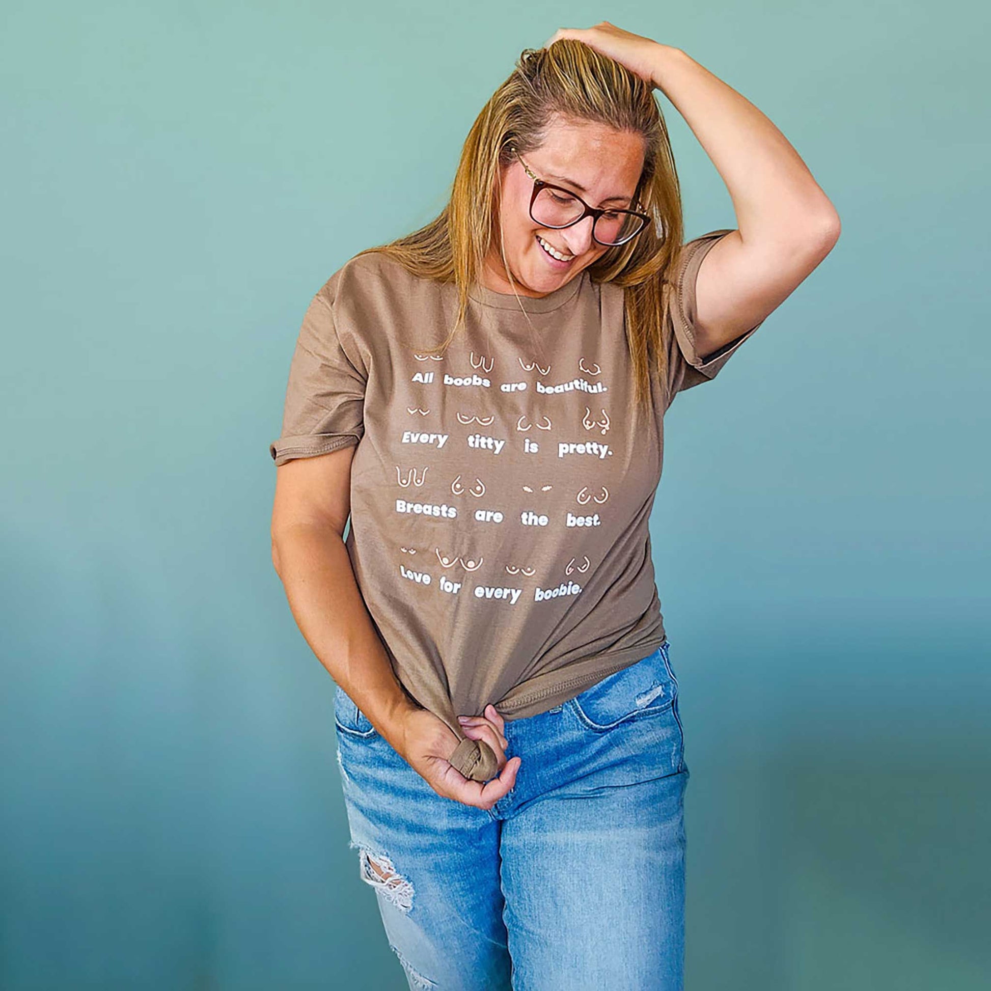 Model wearing the Body Positivity T-Shirt in coffee brown, front