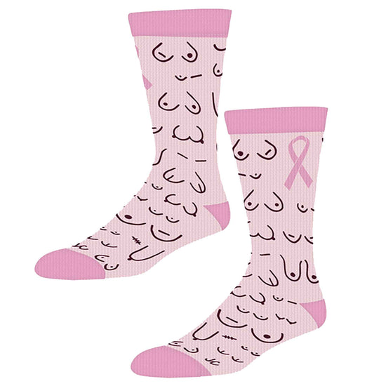 Pink socks with black patterns and a pink ribbon on a white background