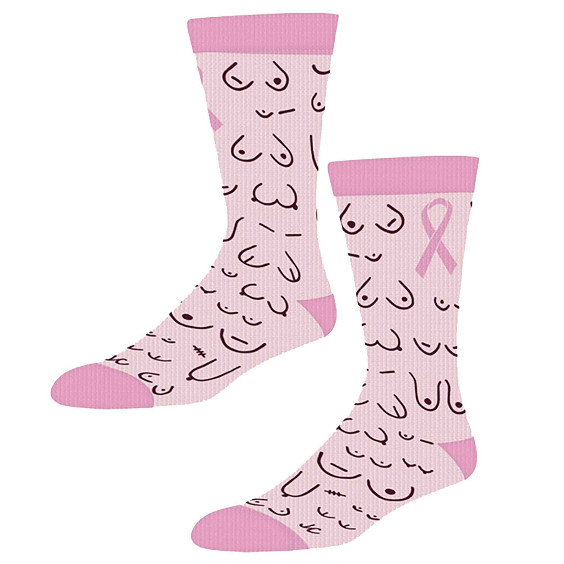 Pink socks with black patterns and a pink ribbon on a white background