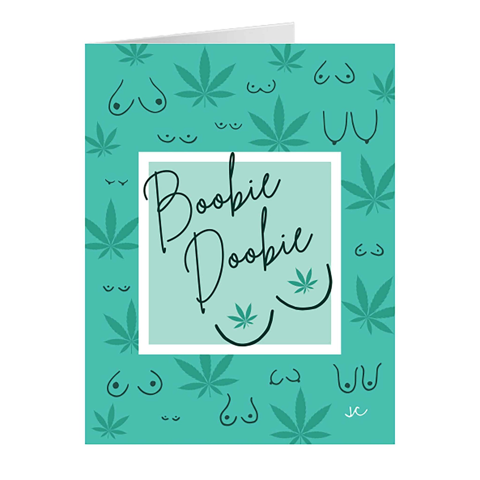 Boobie Doobie greeting card with a teal background with leaf patterns