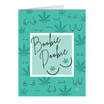 Boobie Doobie greeting card with a teal background with leaf patterns