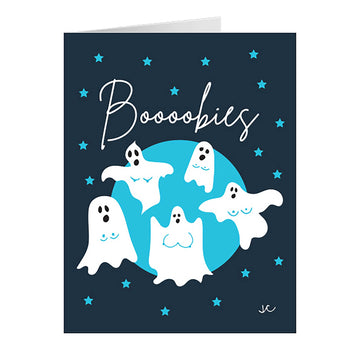 Front of Boooobies Halloween Greeting Card with five ghosts
