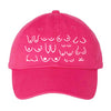Pink cotton 6-panel dad cap with white embroidered design on a white background