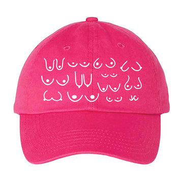 Pink cotton 6-panel dad cap with white embroidered design on a white background