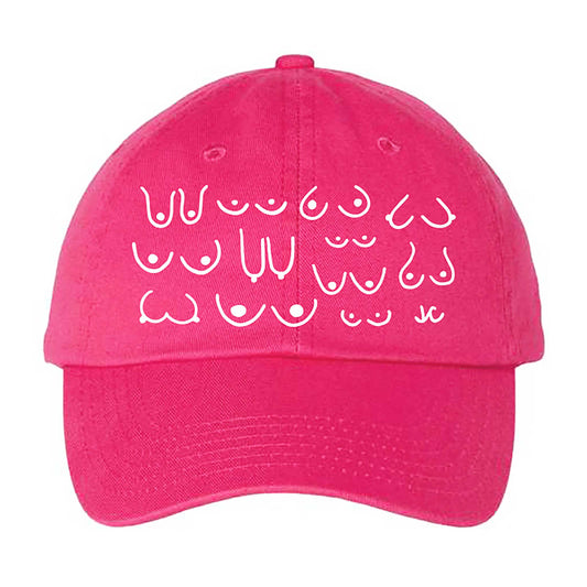 Pink cotton 6-panel dad cap with white embroidered design on a white background