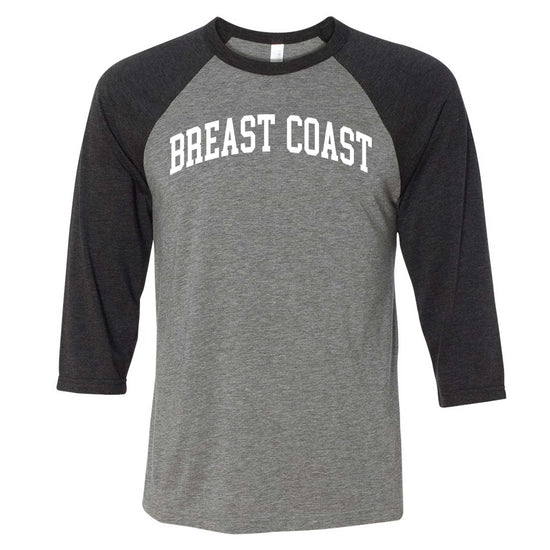 Breast Coast baseball t-shirt with gray body and black sleeves with slogan across the chest, front view