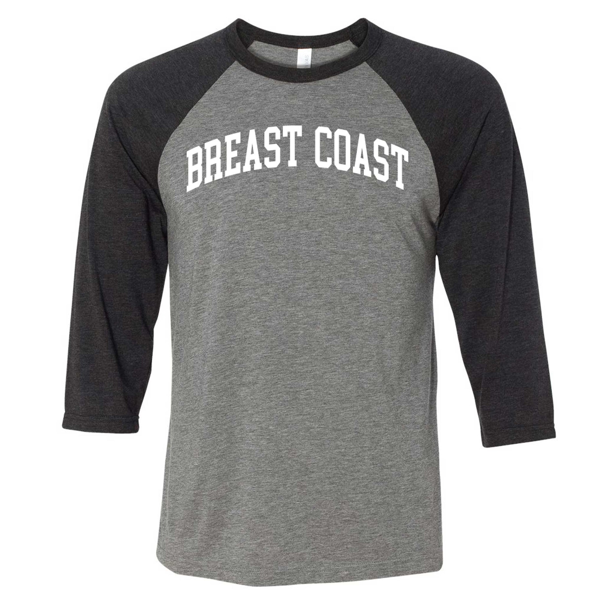 Breast Coast baseball t-shirt with gray body and black sleeves with slogan across the chest, front view
