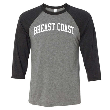 Breast Coast baseball t-shirt with gray body and black sleeves with slogan across the chest, front view