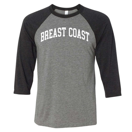Breast Coast baseball t-shirt with gray body and black sleeves with slogan across the chest, front view