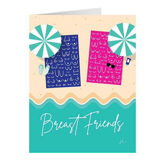 Front of Breast Friends Greeting Card with illustration of two beach towels near the ocean