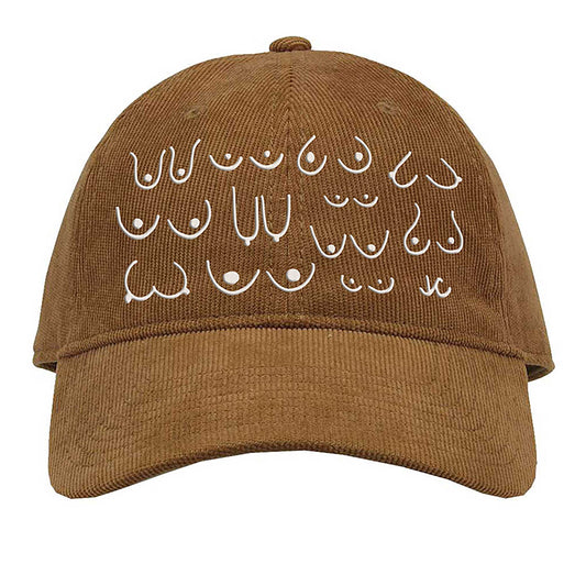 Brown cotton corduroy dad cap with white embroidered design on a white background