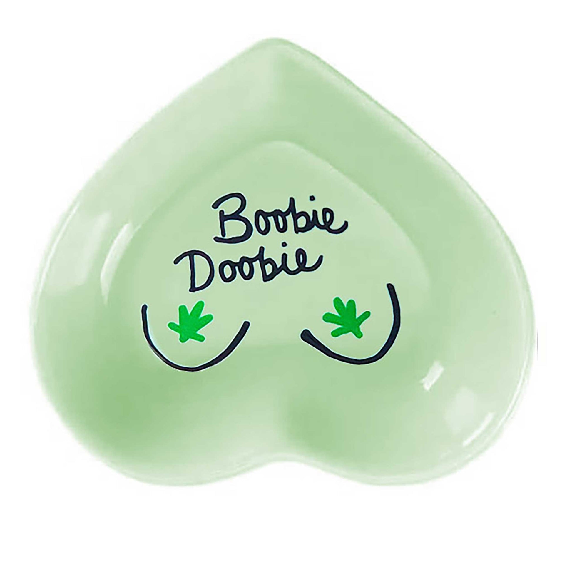 and-painted heart-shaped ceramic jewelry dish with cheeky phrase in green