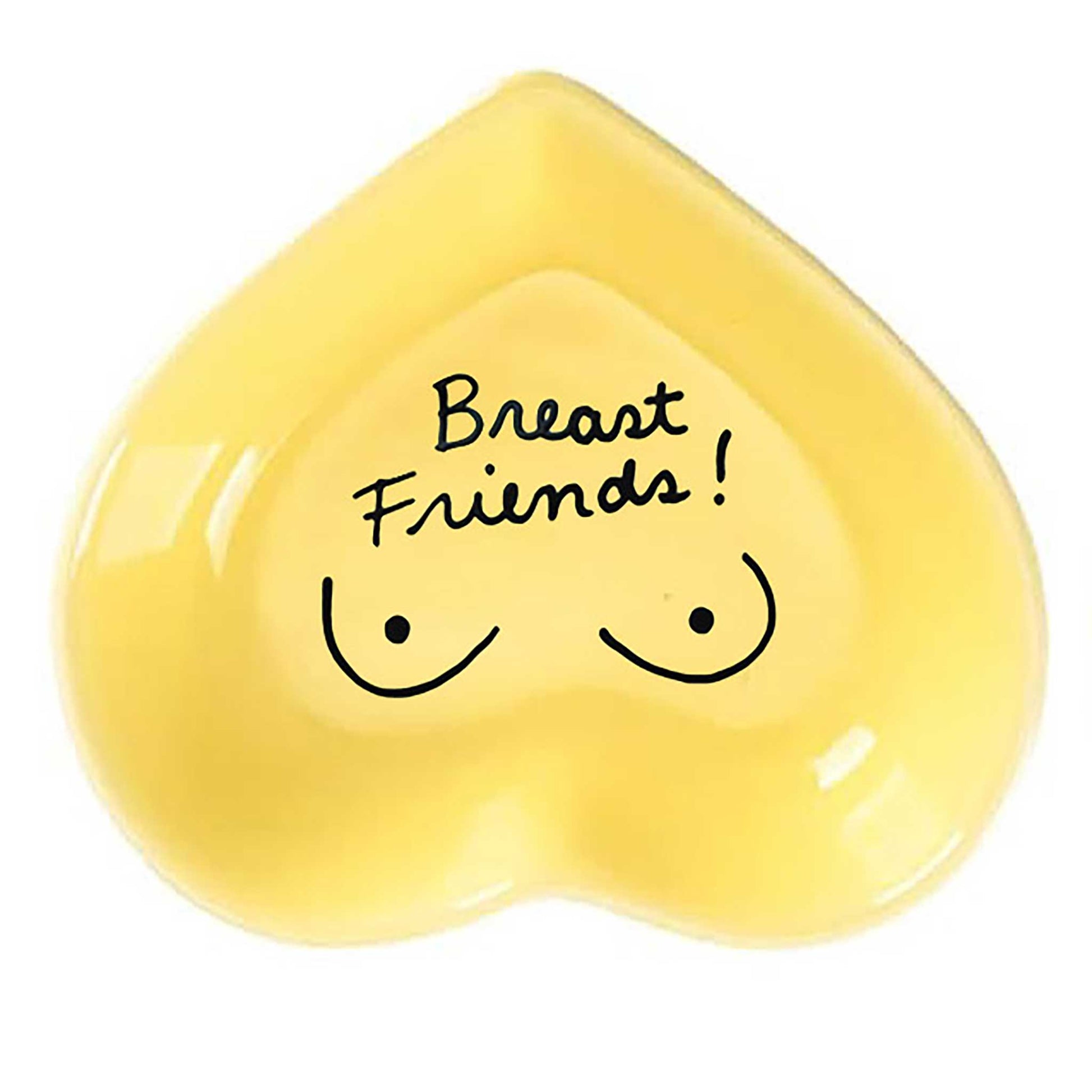 Ceramic hand-painted heart-shaped dish with playful message in butter yellow