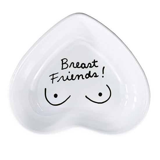 Ceramic hand-painted heart-shaped dish with playful message in white