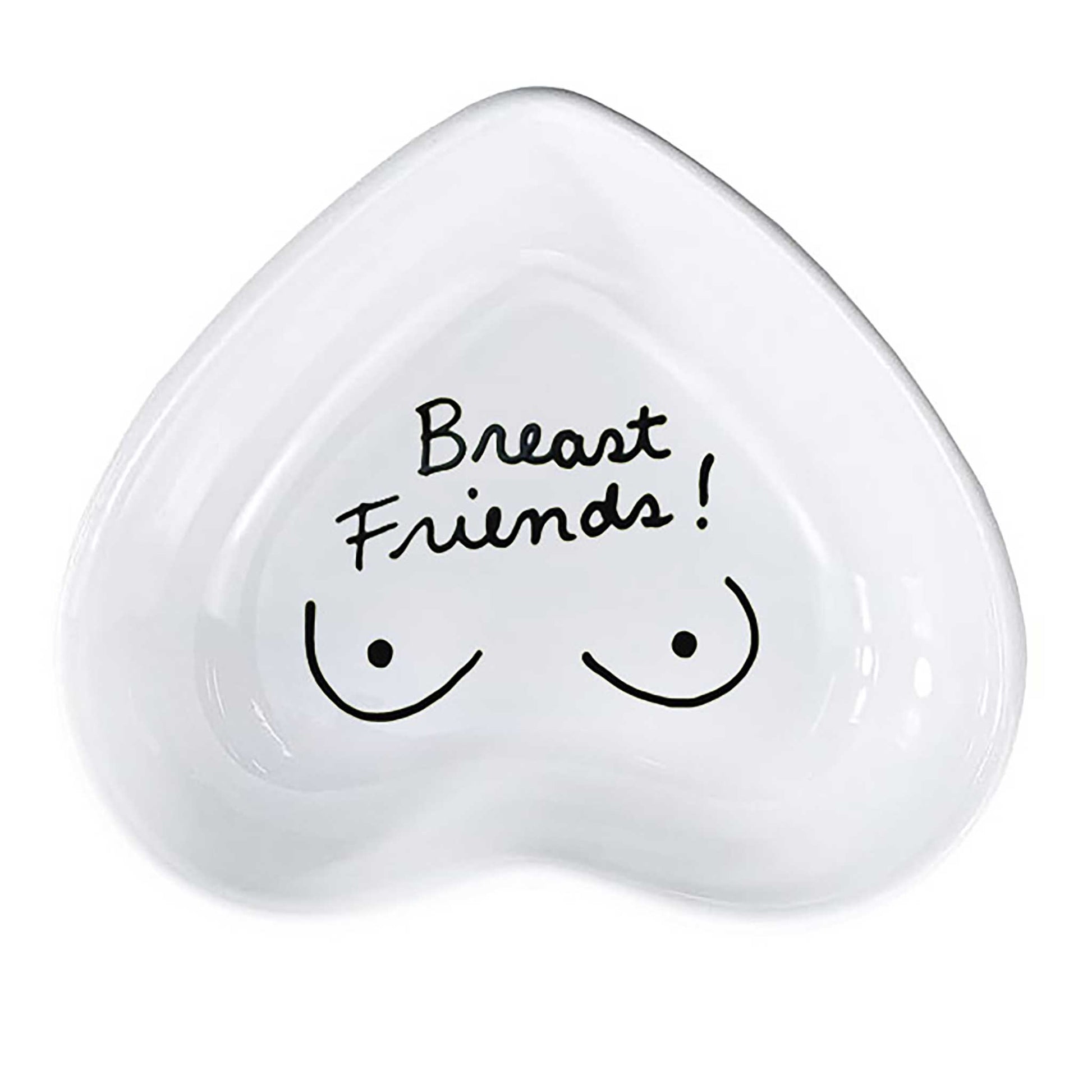 Ceramic hand-painted heart-shaped dish with playful message in white