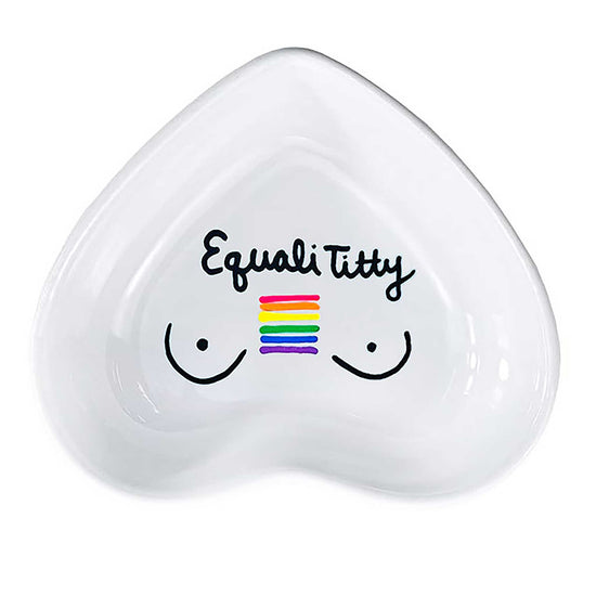 hand-painted heart-shaped ceramic jewelry dish with pride phrase in white with rainbow