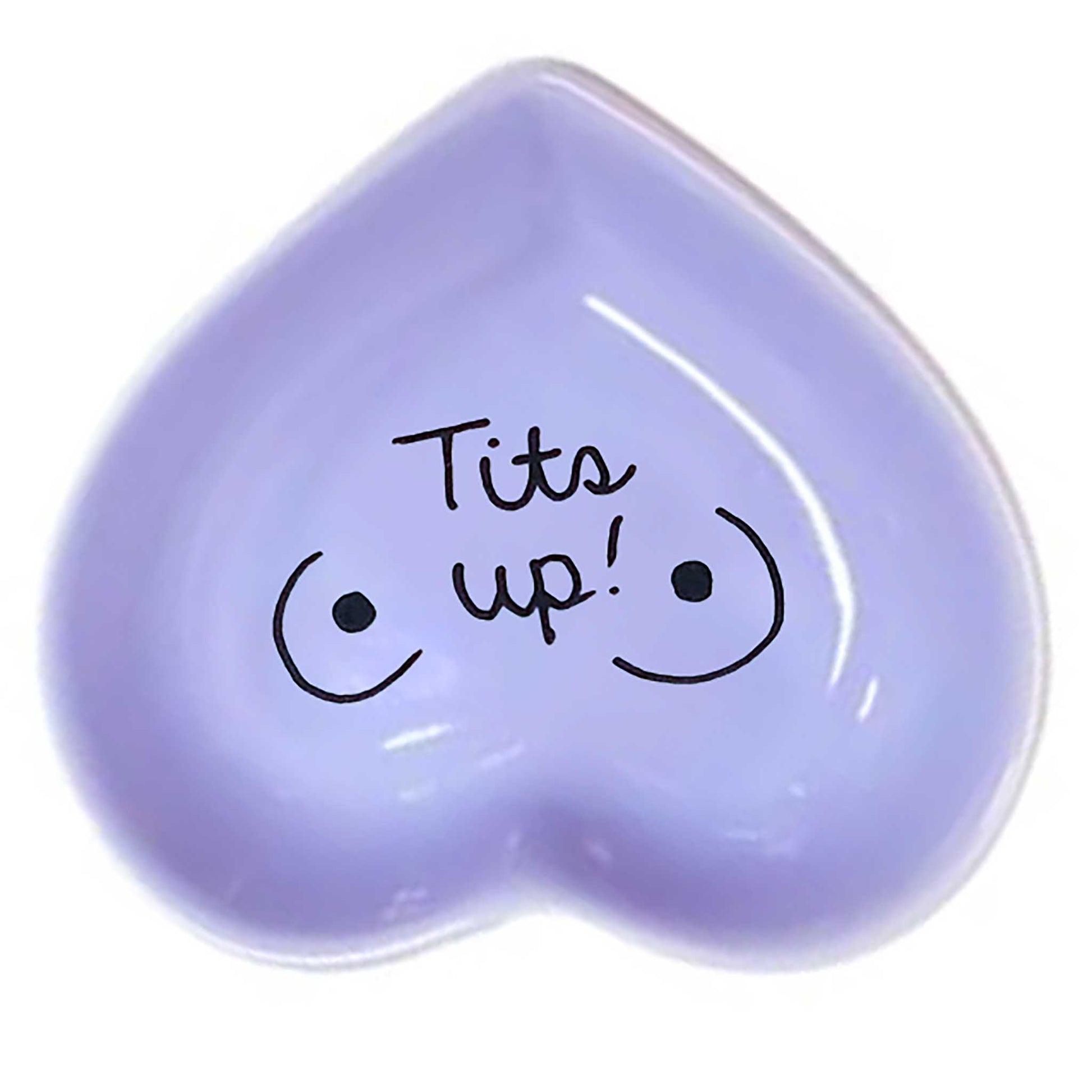 Hand-painted heart-shaped ceramic jewelry dish with bold phrase in lavander