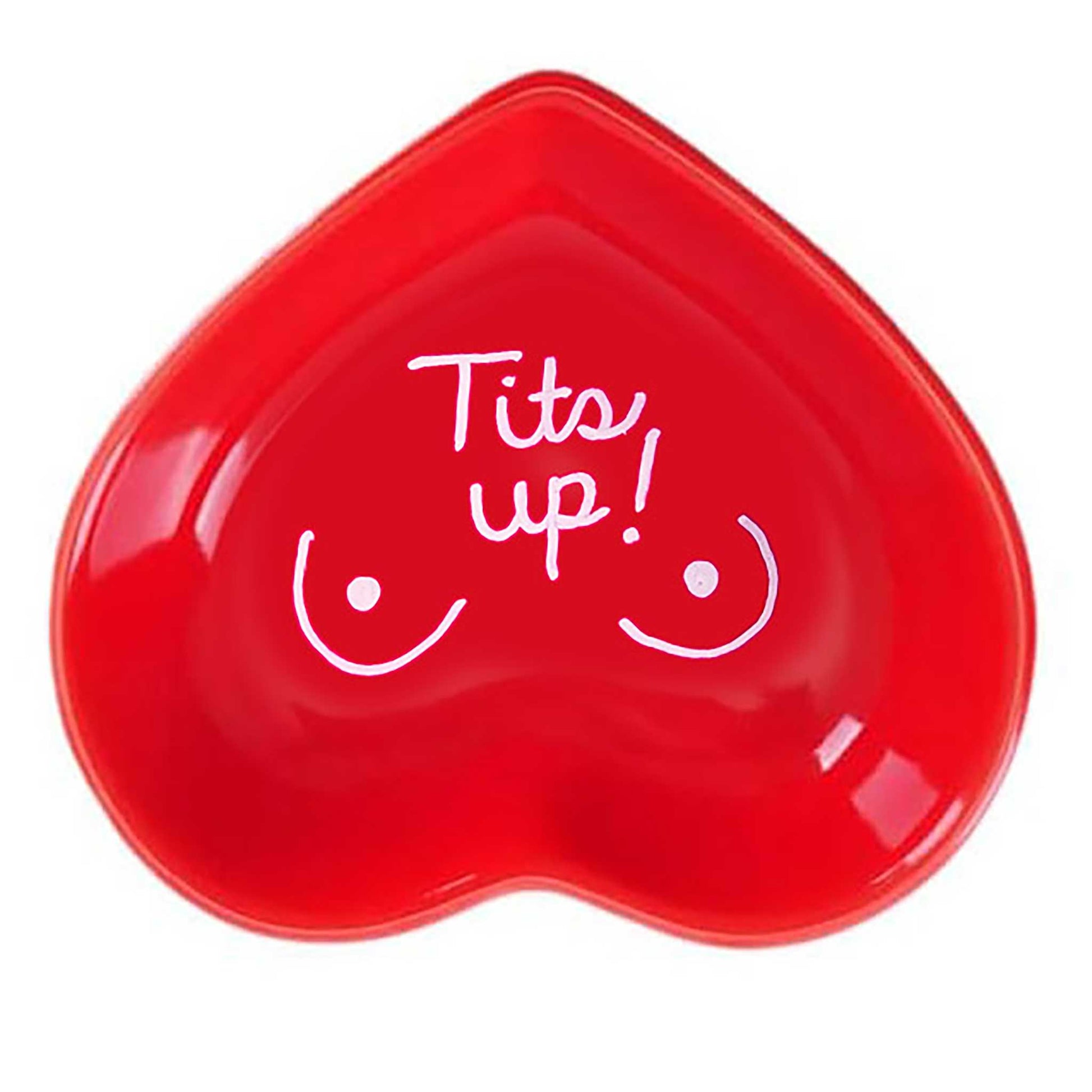 Hand-painted heart-shaped ceramic jewelry dish with bold phrase in red