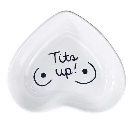 Hand-painted heart-shaped ceramic jewelry dish with bold phrase in white