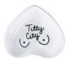 hand-painted heart-shaped ceramic jewelry dish with cheeky phrase in white