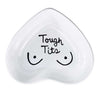 hand-painted heart-shaped ceramic jewelry dish with funny phrase in white
