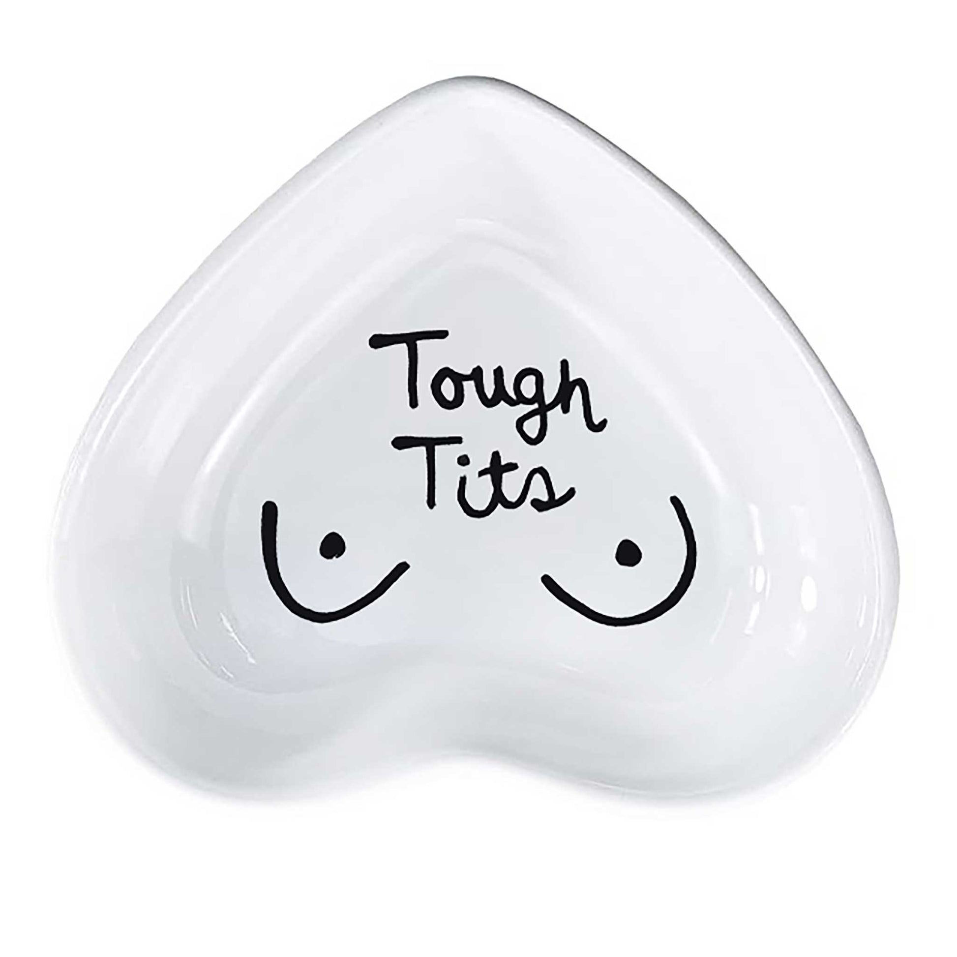 hand-painted heart-shaped ceramic jewelry dish with funny phrase in white