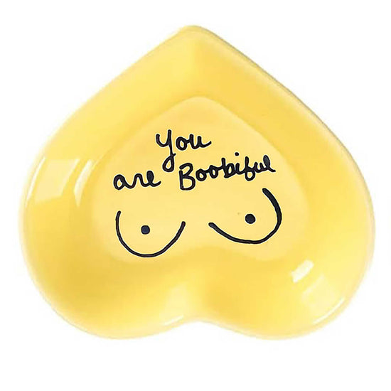 Hand-painted, ceramic heart-shaped dish with cute message in butter yellow