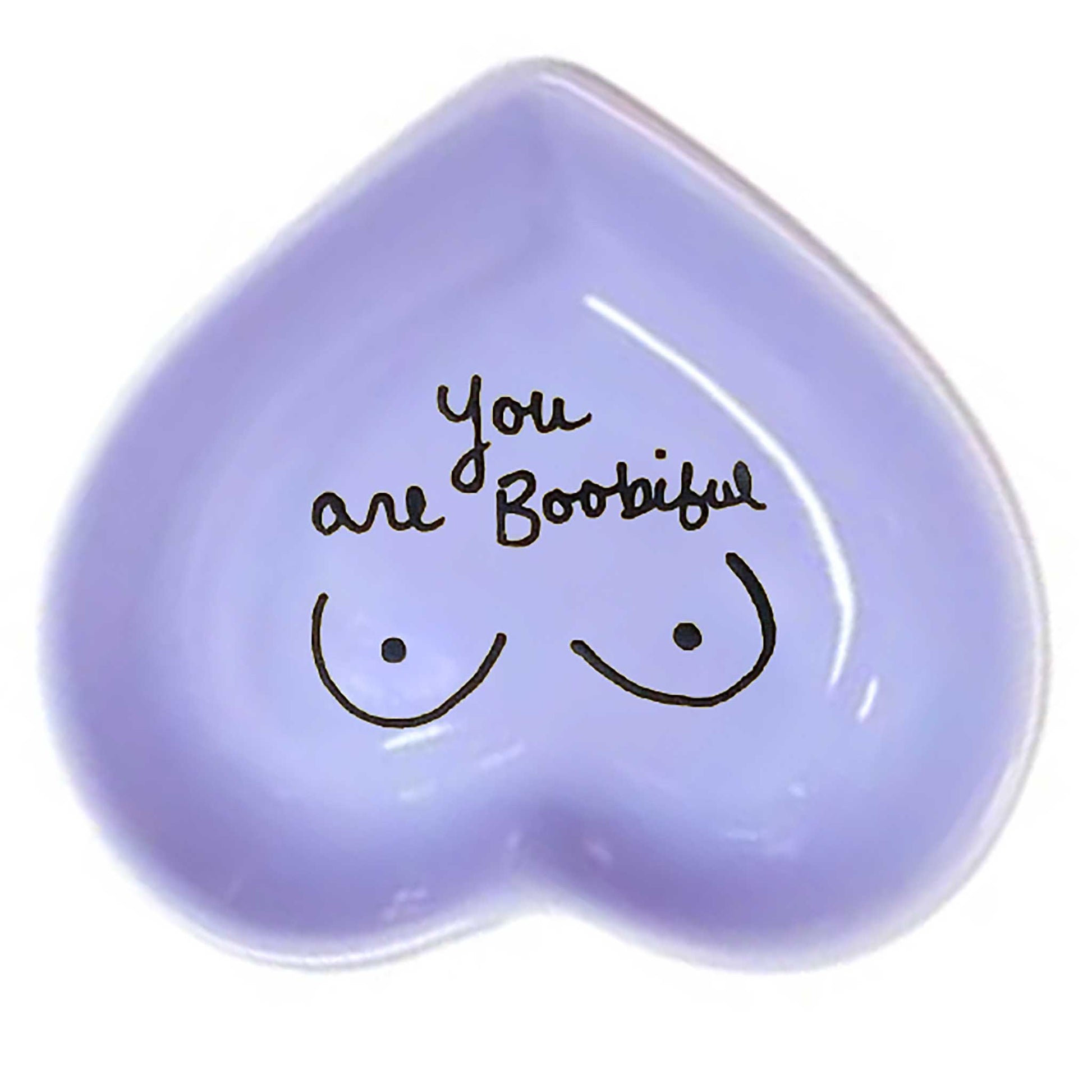 Hand-painted, ceramic heart-shaped dish with cute message in lavander