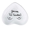 hand-painted heart-shaped ceramic jewelry dish with witty phrase in white