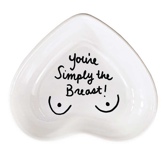 and-painted heart-shaped ceramic jewelry dish with fun phrase in white